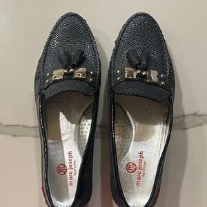 Marc Joseph Textured Navy Loafers with Tassels and Studs